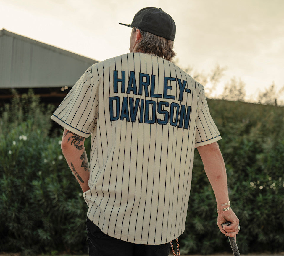 H-D ESSENTIAL PINSTRIPE BASEBALL JERSEY - WHITE/BLUE