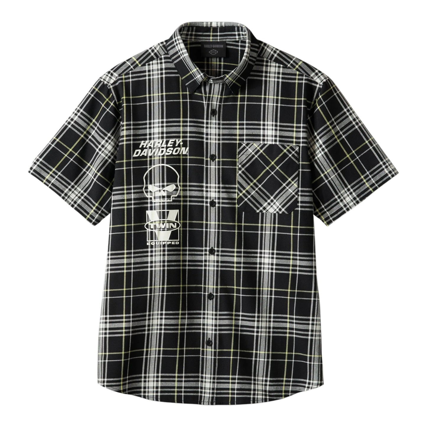 SHIRT-WOVEN, BLACK PLAID W/GREEN