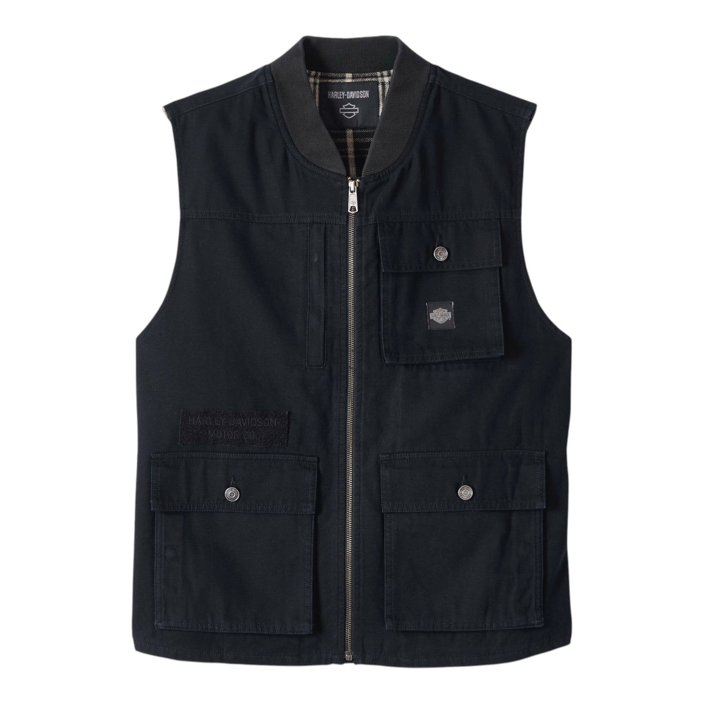 VEST-WOVEN, BLACK W/PLAID INTERIOR