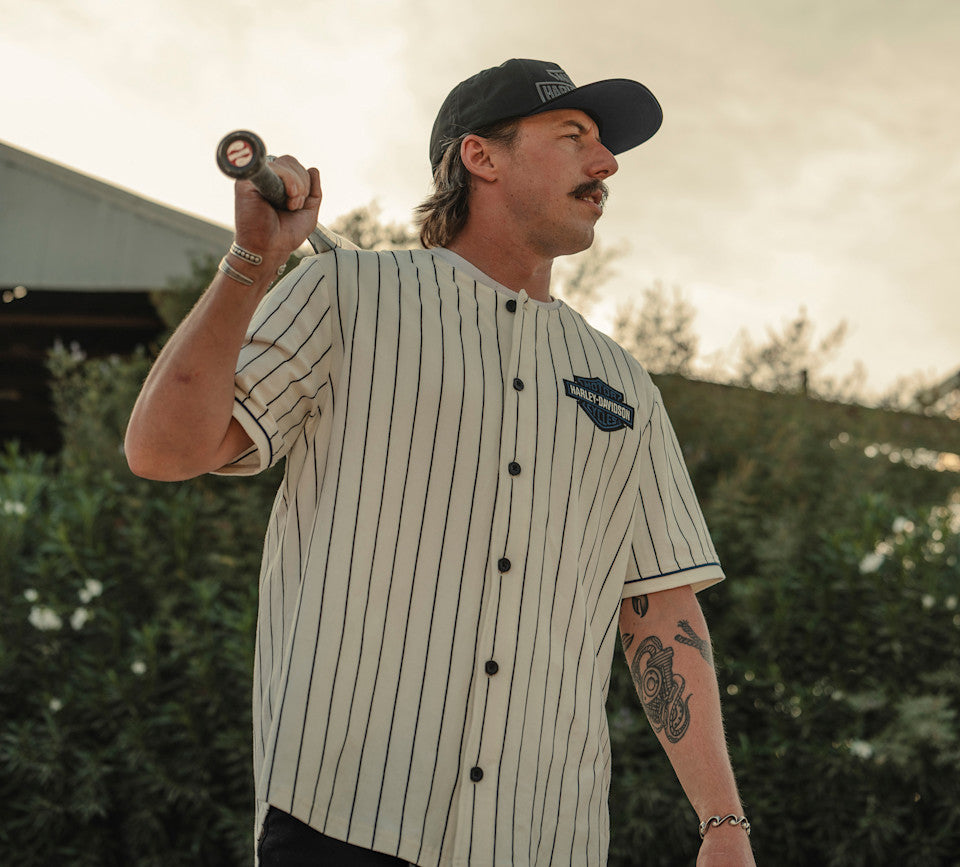 H-D ESSENTIAL PINSTRIPE BASEBALL JERSEY - WHITE/BLUE