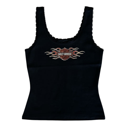 VINTAGE FLAMES BLING LACE TRIM TANK - BLACK