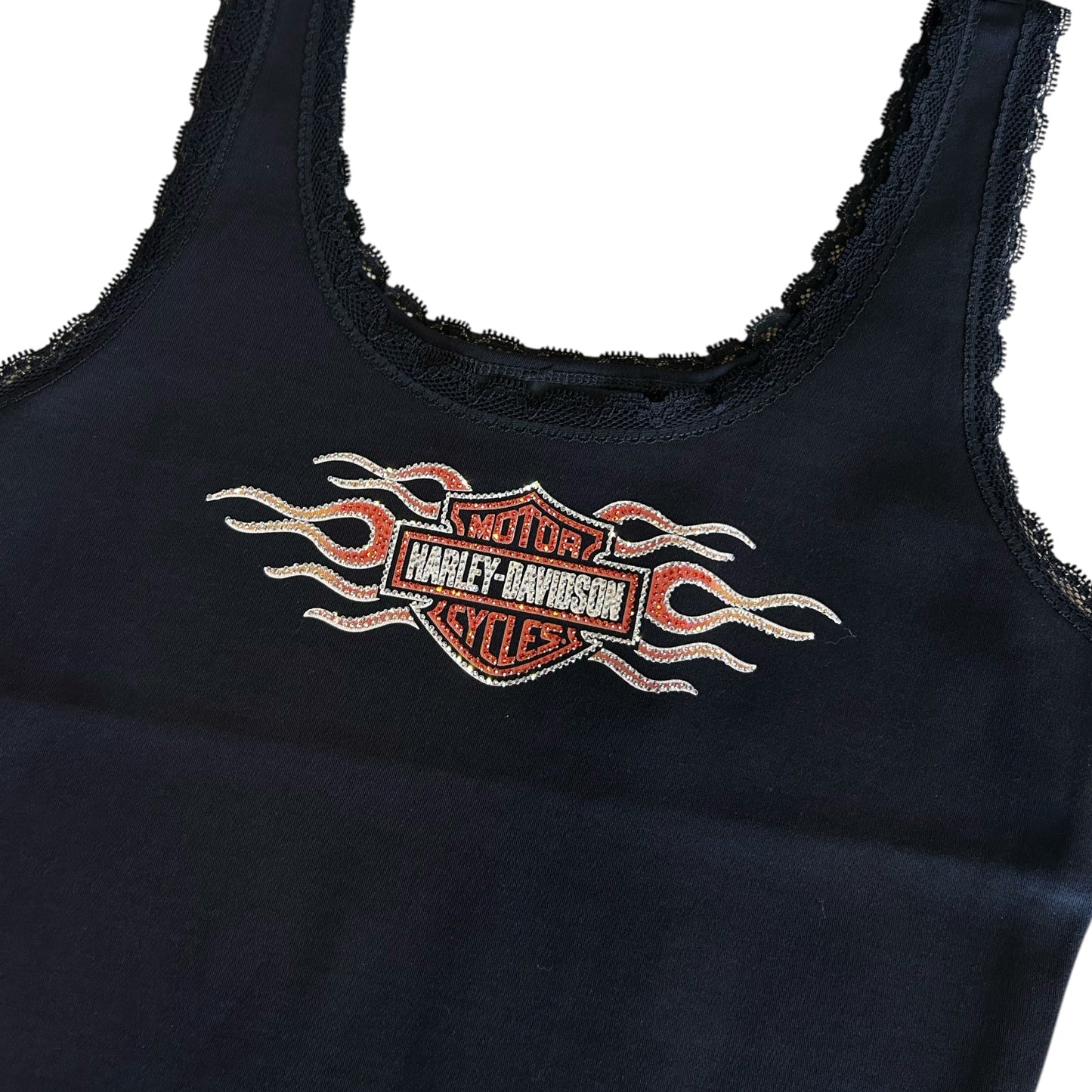 VINTAGE FLAMES BLING LACE TRIM TANK - BLACK