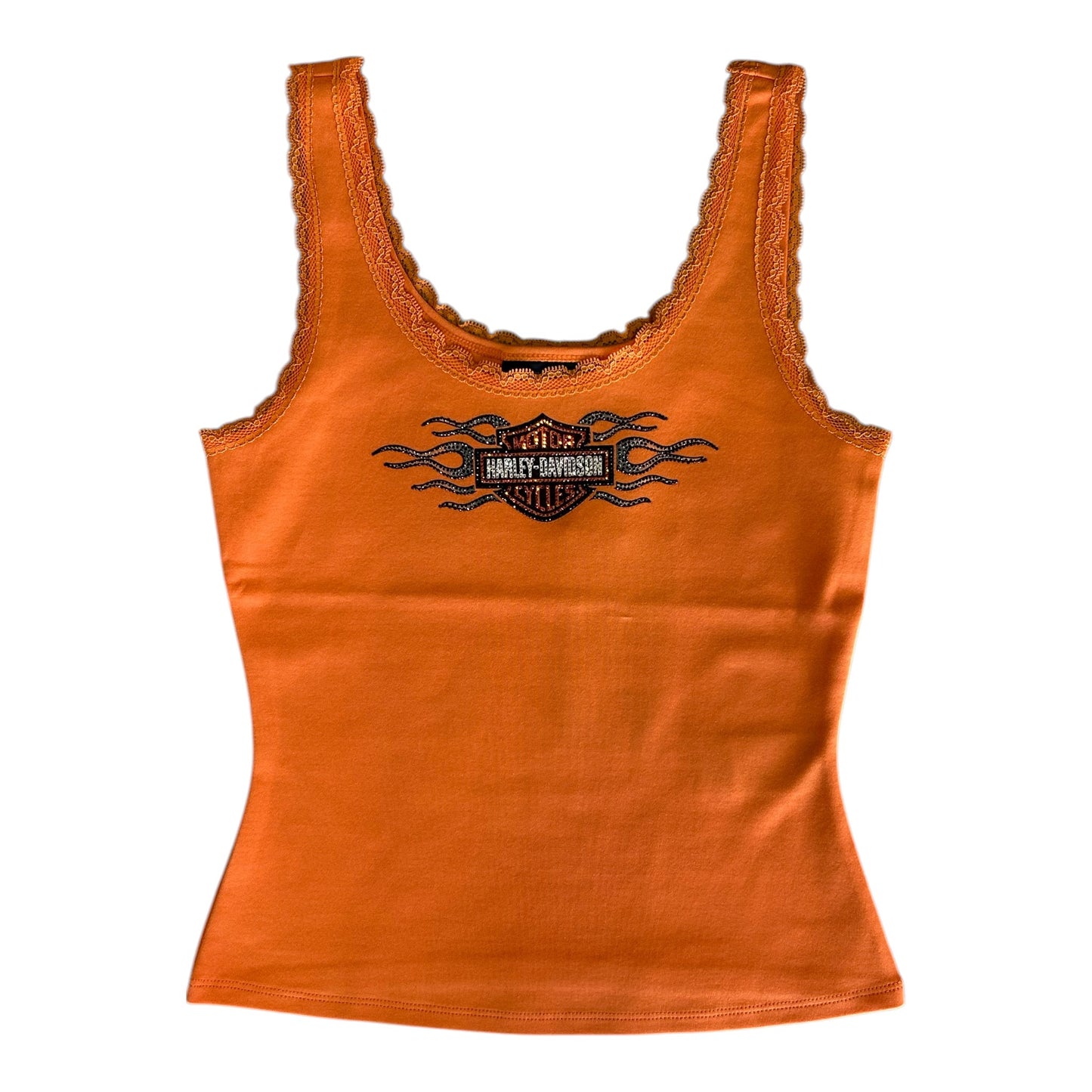 VINTAGE FLAMES BLING LACE TRIM TANK - ORANGE