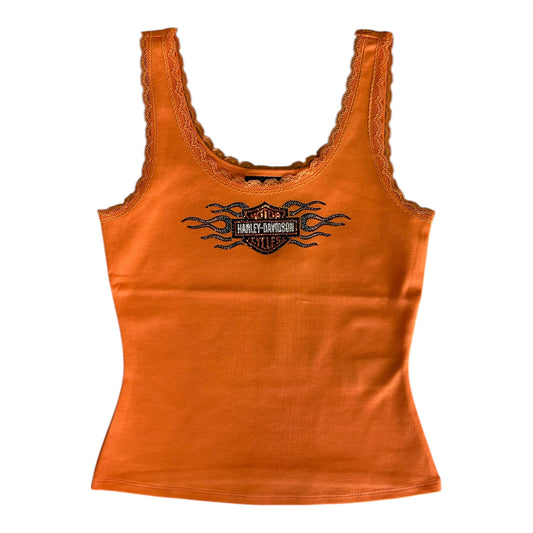 VINTAGE FLAMES BLING LACE TRIM TANK - ORANGE