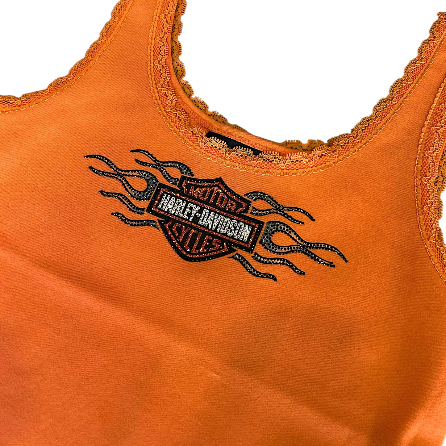 VINTAGE FLAMES BLING LACE TRIM TANK - ORANGE