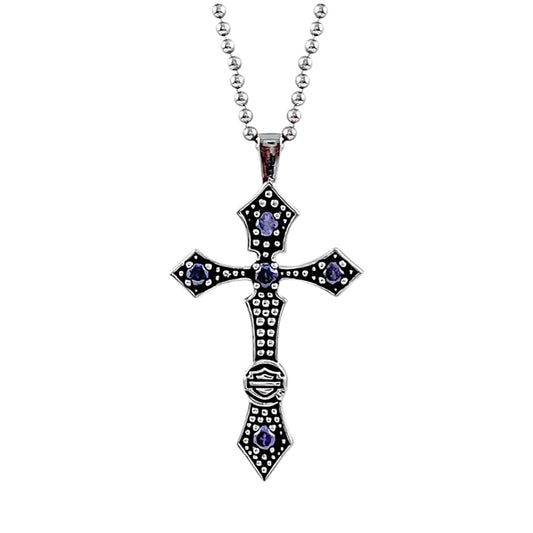 BEADED CROSS NECKLACE W/PURPLE STONE