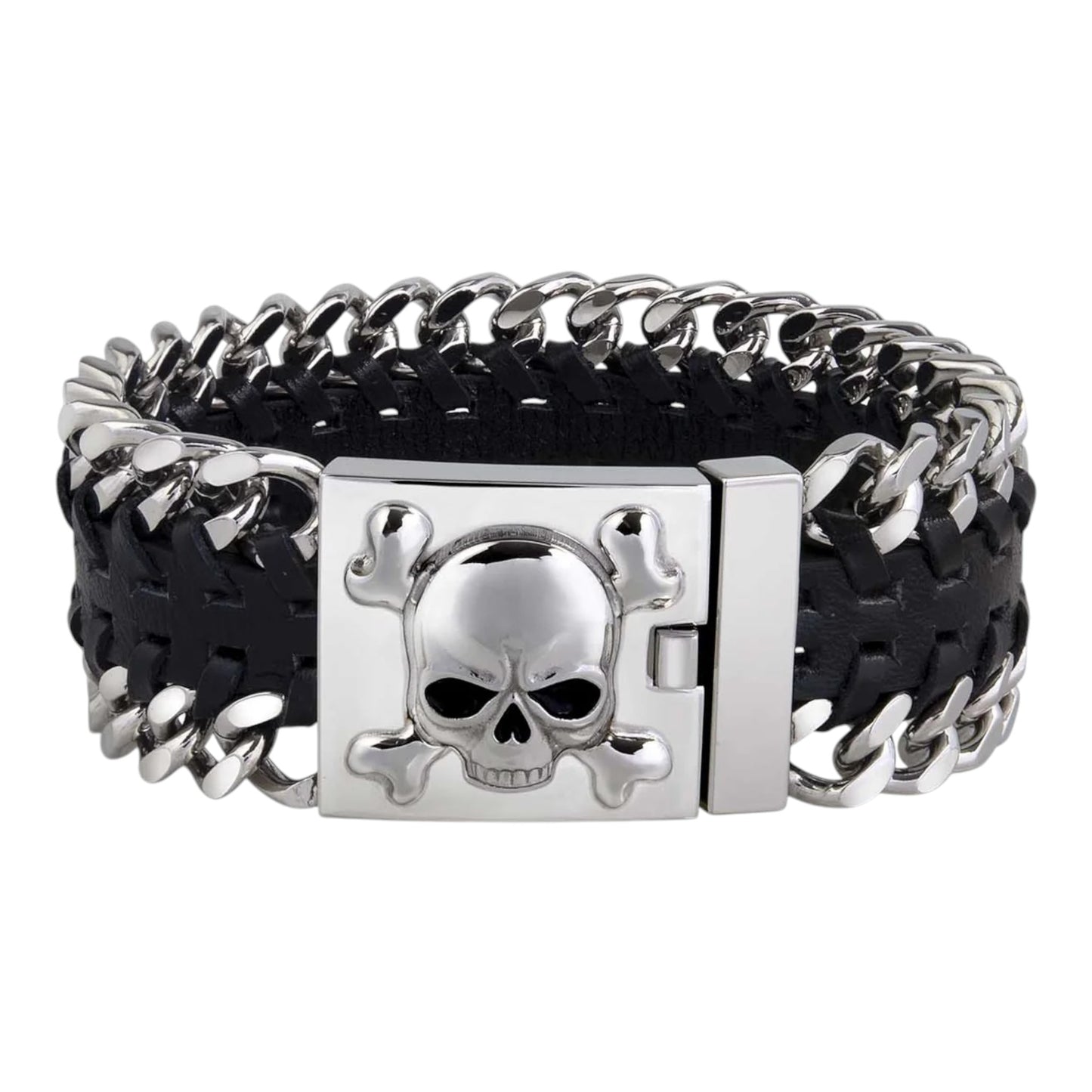 SKULL & BONES LEATHER CHAIN BRACELET