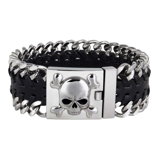 SKULL & BONES LEATHER CHAIN BRACELET