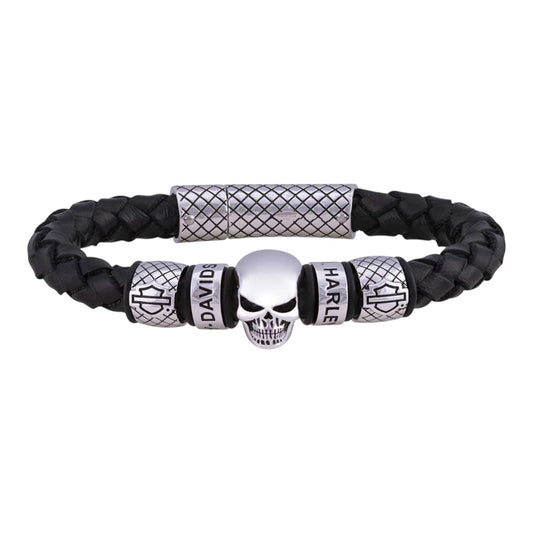SKULL BLACK BRAIDED LEATHER BRACELET