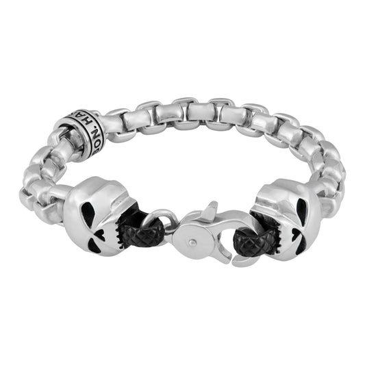 STEEL ROLO CHAIN DOUBLE SKULL BRACELET