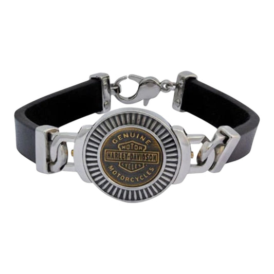 GOLD TONE & STEEL MEDALLION BLACK LEATHER BRACELET