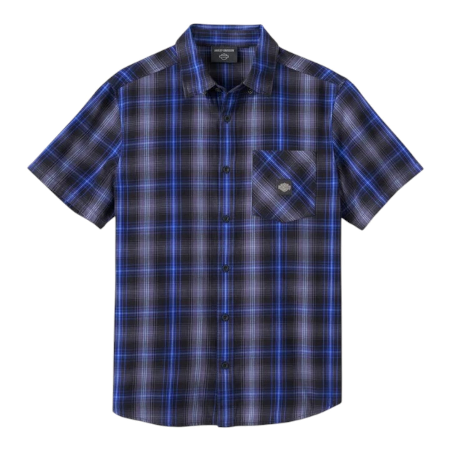 SHIRT-WOVEN, BLACK/LIGHT BLUE PLAID