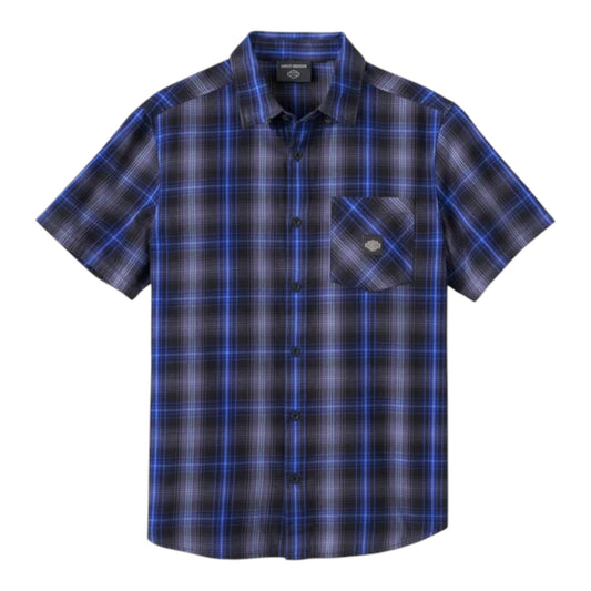 SHIRT-WOVEN, BLACK/LIGHT BLUE PLAID
