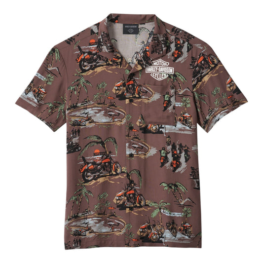 SHIRT-WOVEN, BROWN ALLOVER PRINT