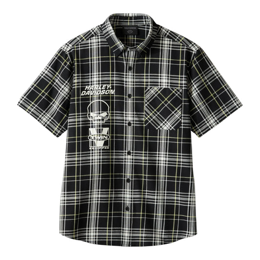 SHIRT-WOVEN, BLACK PLAID W/GREEN
