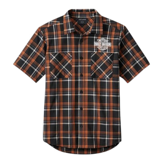 SHIRT-WOVEN, ORANGE/BROWN PLAID