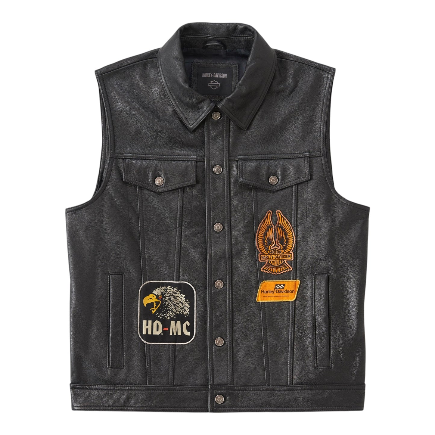 VEST-LEATHER,BLACK W/PATCHES