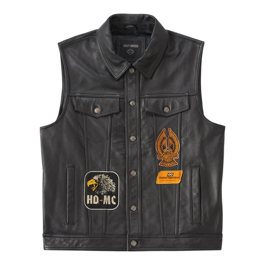 VEST-LEATHER,BLACK W/PATCHES