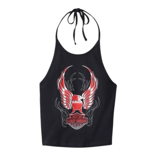 CRIMSON BIRD CROPPED HALTER NECK TANK - BLACK