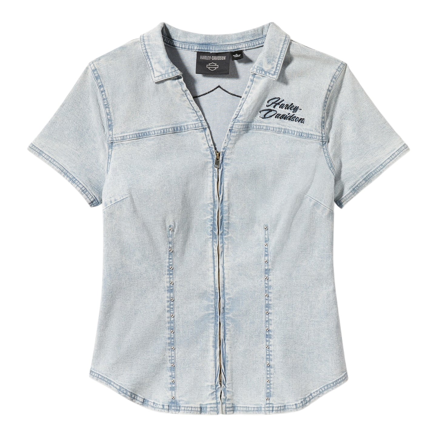 ESSENTIAL BLING CHAMBRAY SHORT SLEEVE ZIP FRONT SHIRT - LIGHT BLUE