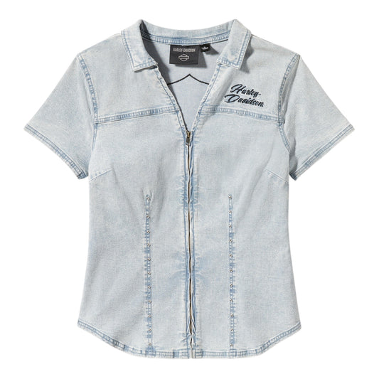 ESSENTIAL BLING CHAMBRAY SHORT SLEEVE ZIP FRONT SHIRT - LIGHT BLUE