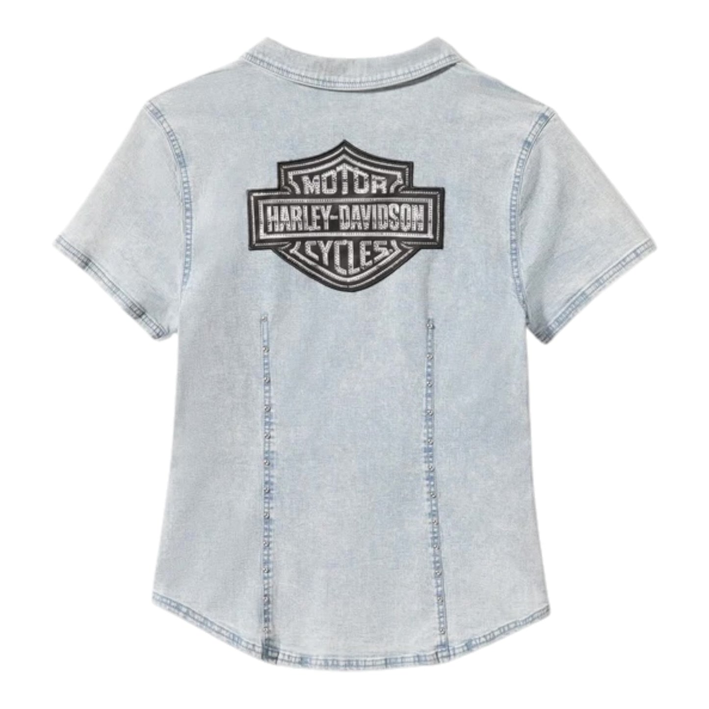 ESSENTIAL BLING CHAMBRAY SHORT SLEEVE ZIP FRONT SHIRT - LIGHT BLUE