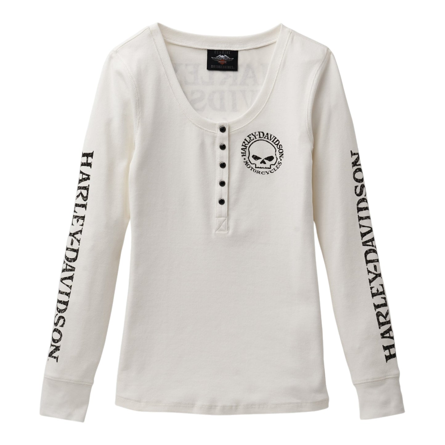 WOMEN'S SKULL SNAP FRONT LONG SLEEVE HENLEY - WHITE