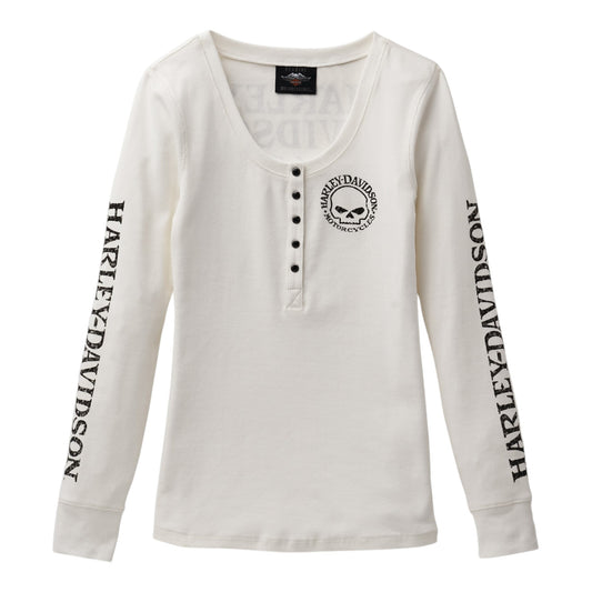 WOMEN'S SKULL SNAP FRONT LONG SLEEVE HENLEY - WHITE