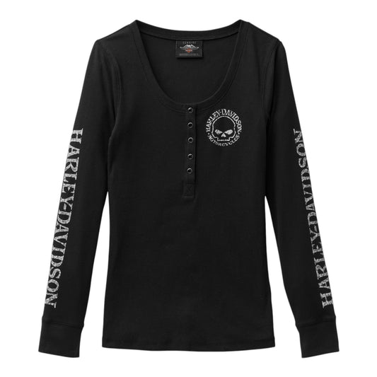 WOMEN'S WILLIE G SKULL SNAP FRONT LONG SLEEVE HENLEY - BLACK