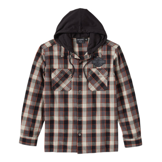 METAL BOUND LONG SLEEVE HOODED SHIRT - PLAID
