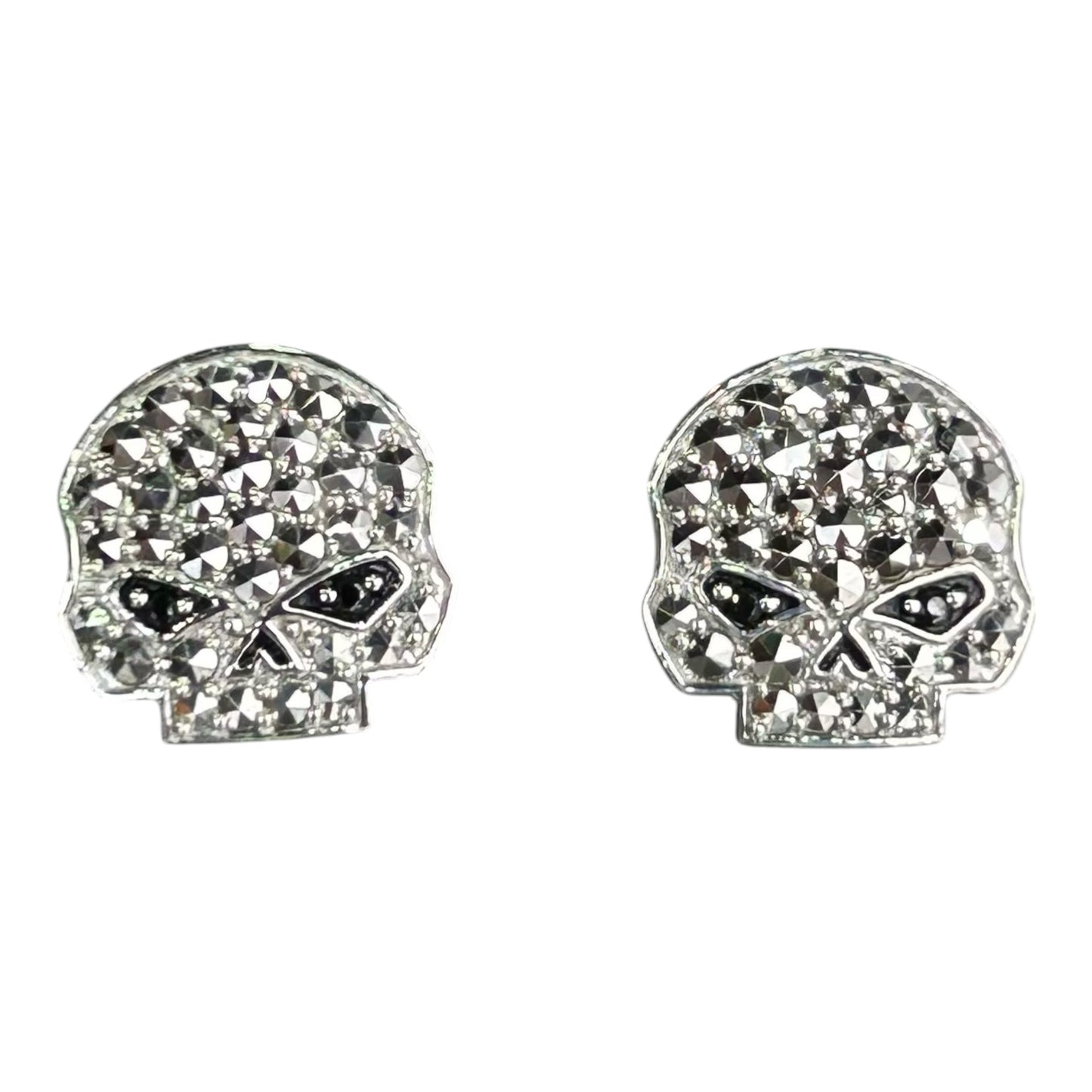 MARCASITE & BLACK CZ BLING SKULL POST EARRINGS
