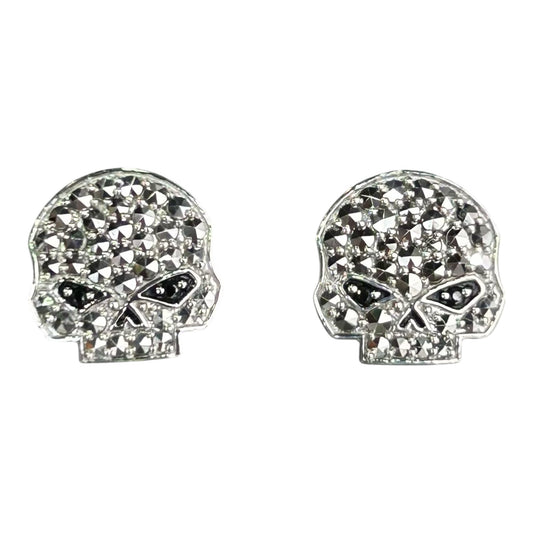 MARCASITE & BLACK CZ BLING SKULL POST EARRINGS