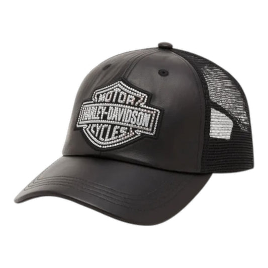 BLING BAR& SHIELD LEATHER TRUCKER CAP - BLACK