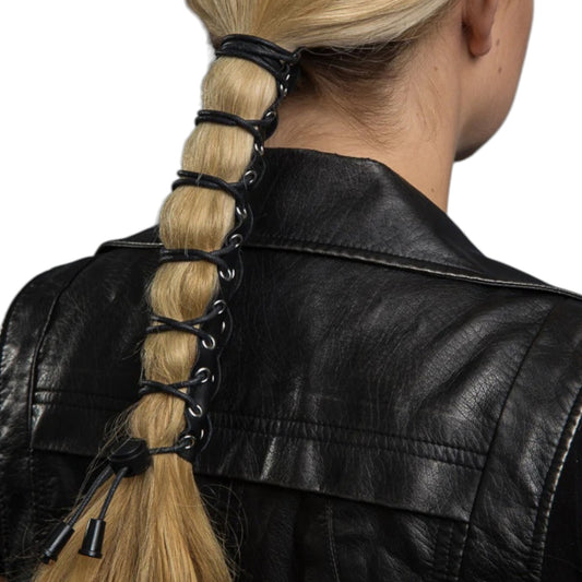 8'' LEATHER LACED UP HAIR GLOVE - BLACK