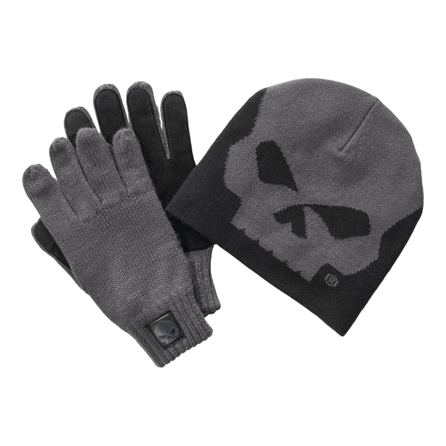 HARLEY-DAVIDSON BEANIE AND GLOVES WILLIE G SKULL SET - BLACK/GREY