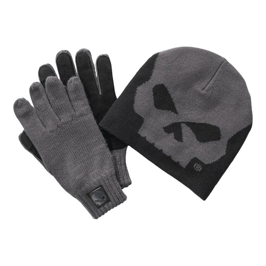 HARLEY-DAVIDSON BEANIE AND GLOVES WILLIE G SKULL SET - BLACK/GREY