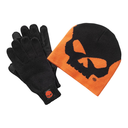 HARLEY-DAVIDSON BEANIE AND GLOVES WILLIE G SKULL - BLACK/ORANGE