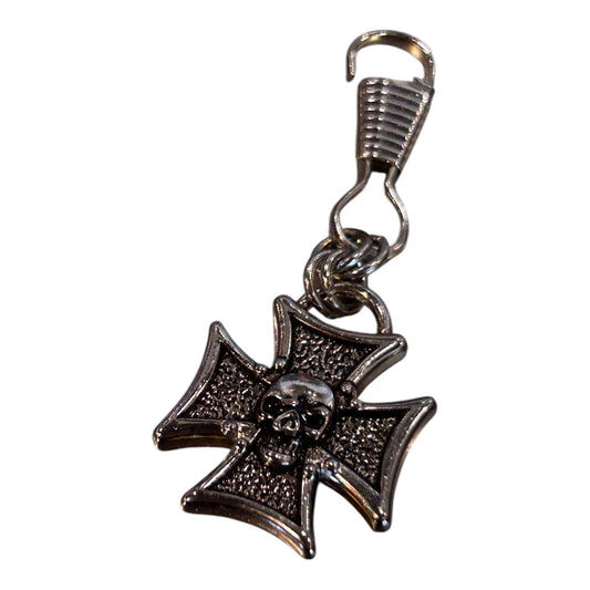 ZIPPER PULL IRON CROSS WITH SKULL
