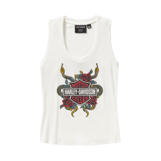 SERPENT ROSE BLING RIBBED TANK - WHITE
