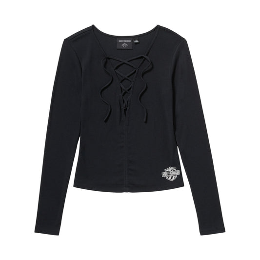 LACE UP LONG SLEEVE TOP - BLACK