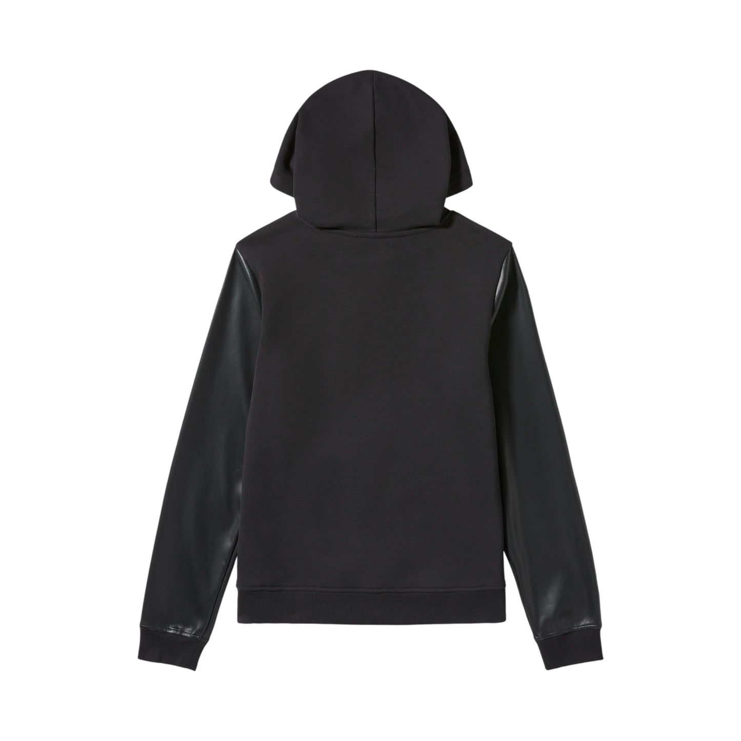 FAUX LEATHER SLEEVE PULLOVER HOODIE - BLACK