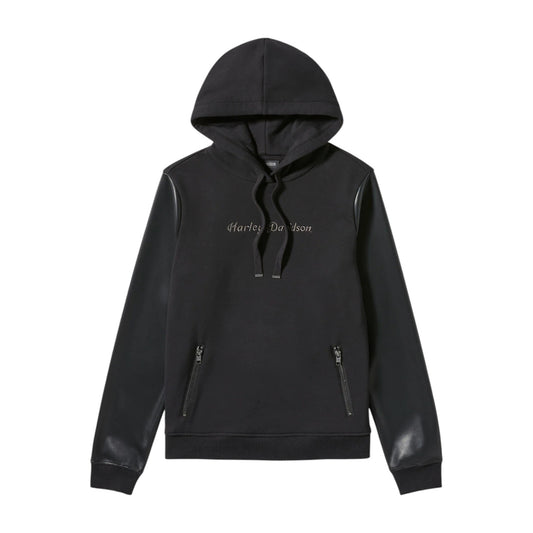 FAUX LEATHER SLEEVE PULLOVER HOODIE - BLACK