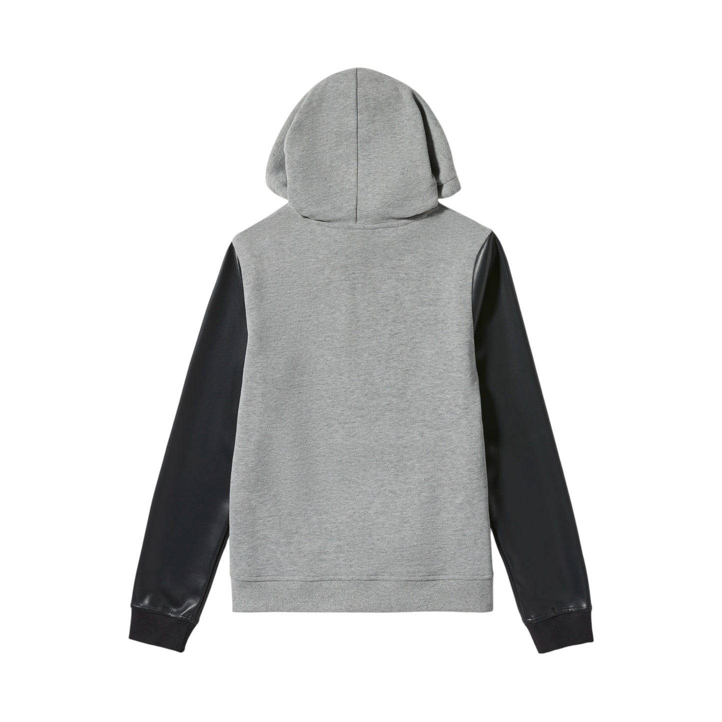 FAUX LEATHER SLEEVE PULLOVER HOODIE - GREY