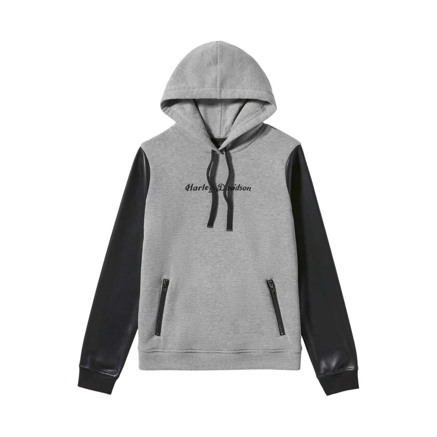 FAUX LEATHER SLEEVE PULLOVER HOODIE - GREY