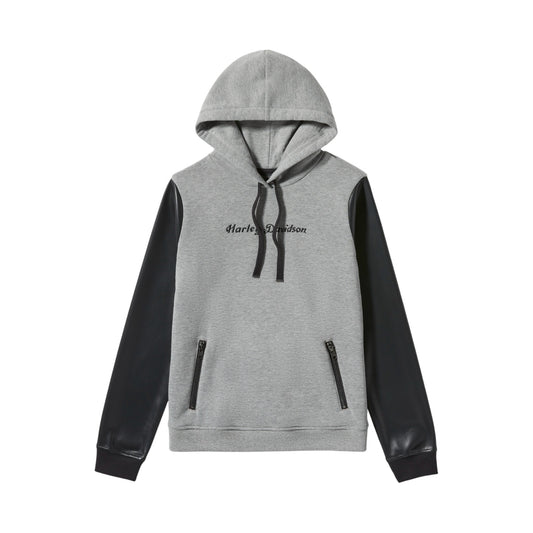 FAUX LEATHER SLEEVE PULLOVER HOODIE - GREY