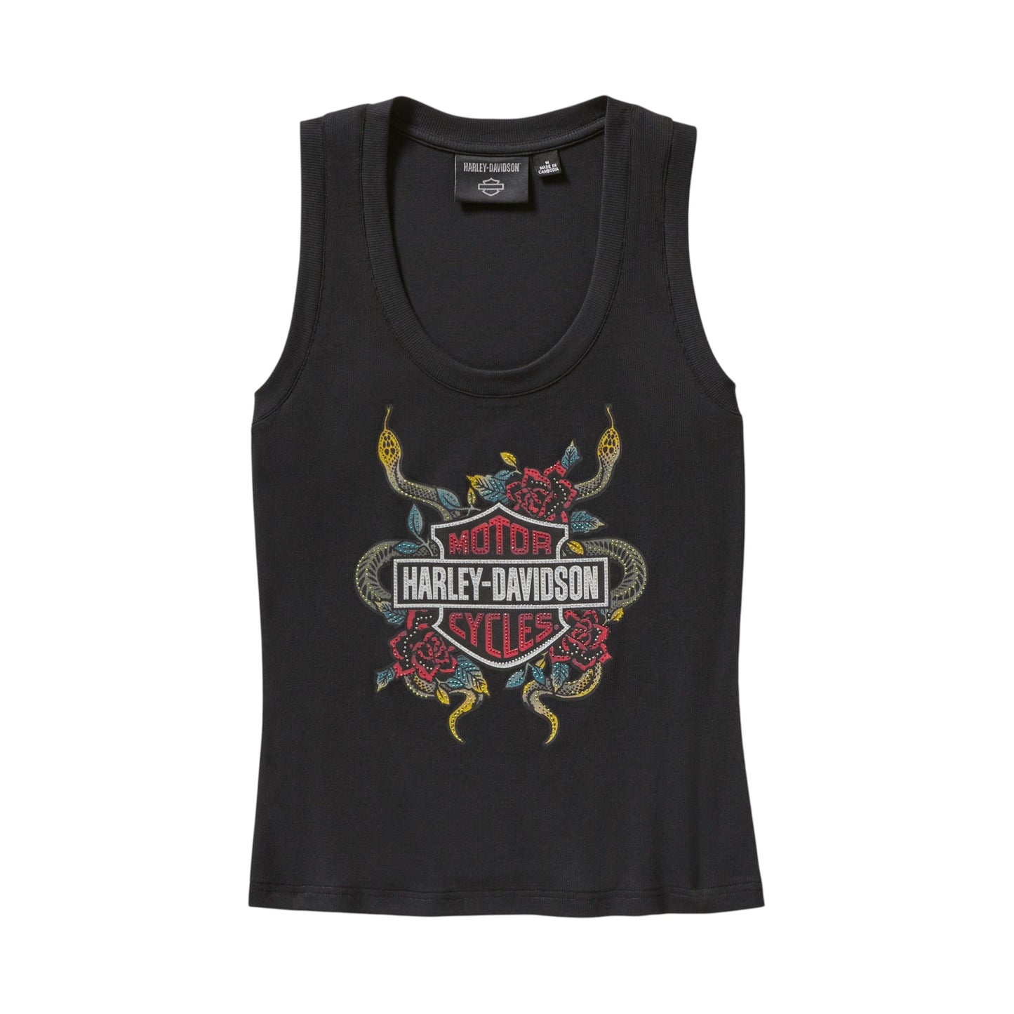 SERPENT ROSE BLING RIBBED TANK - BLACK